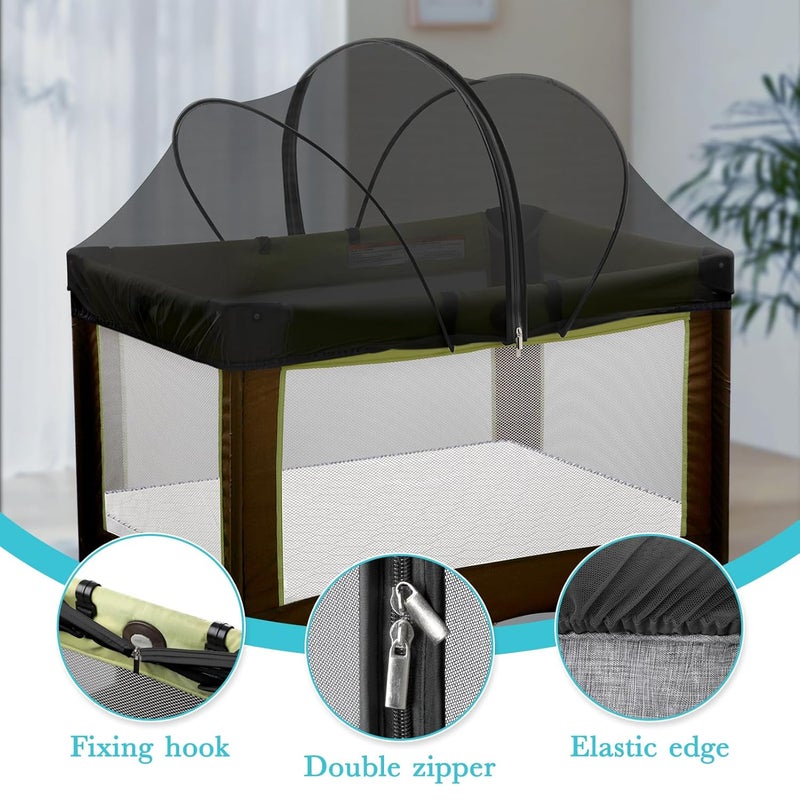 jiangcha Pack N Play Tent Cover - Bassinet Cover for Pack N Play/Travel Crib/Mini Crib/Playpen, Bassinet Mosquito Net Cover with Two-Way Zippers (Black-Large) - Image 2